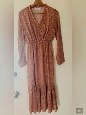 Dusty Rose Floral Wrap top long sleeves ruffled hem career summer Maxi Dress